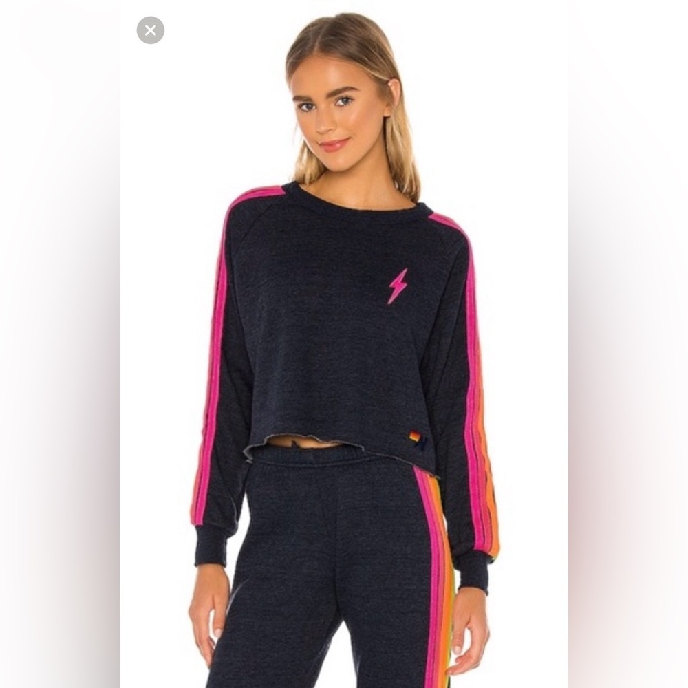 Aviator Nation Bolt Cropped Classic Crewneck in Heather Navy Neon - Picture 7 of 8